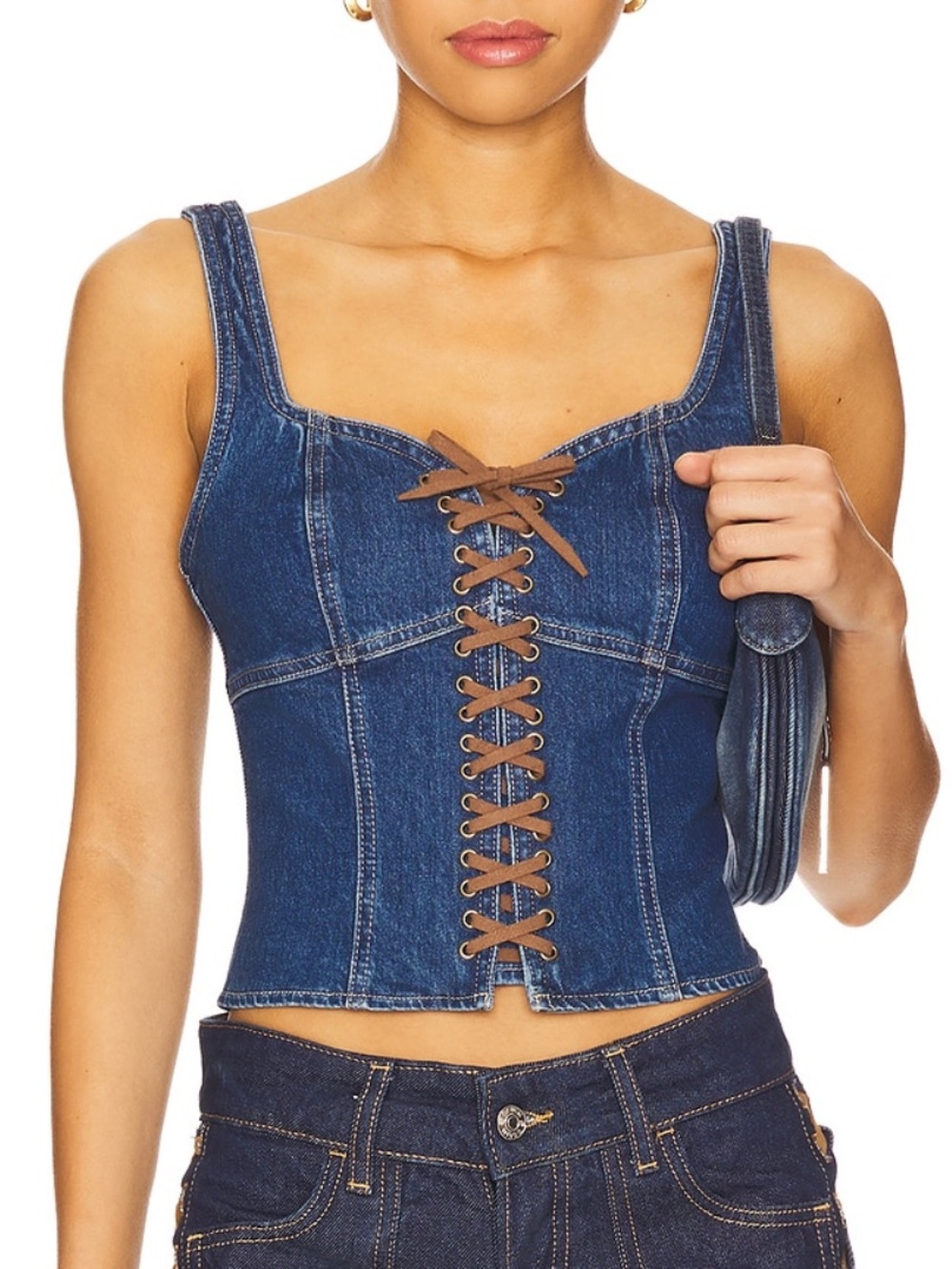 L’Agence Nayeli Corset Denim Suede Lace Up Tank Top in Redford NEW Size 10 $385